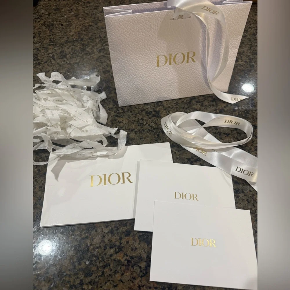 NEW. Authentic DIOR gift wrap set: bag, ribbon, tissue paper, cards + envelope